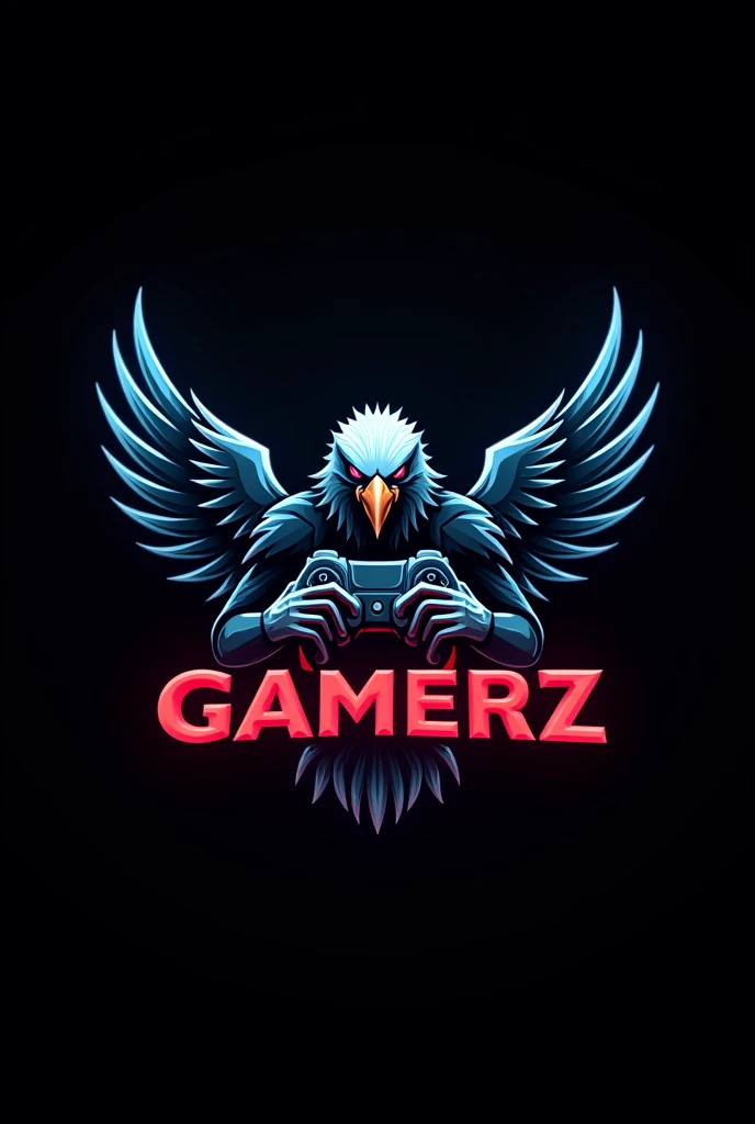 A 3D sleek esports logo Black Background featuring a futuristic EAGLE wielding a controller, bathed in electric blue hues, with the words "J36 GAMERZ" in bold lettering Red.