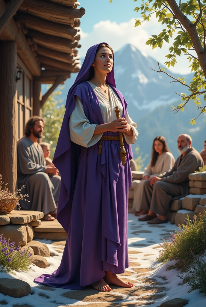 An exemplary woman, with a dignified and confident posture, surrounded by an atmosphere of serenity and respect. it is centered in the scene, dressed in fine linen and purple, symbolizing their strength and dignity. His hands hold a spindle, representing your hard work, and around her, there is a bright lamp that never goes out, highlighting his vigilance and dedication to his family.

Ao fundo, we see a well organized house, where her children rise up to praise her. the husband, sitting among the city authorities, is shown looking at her with pride. On the right, the field she bought and planted a vineyard in stretches, demonstrating your wisdom and business skills.

People in need are close by, receiving help from the exemplary woman, who extends his hands to them with kindness. The expressions of gratitude on the faces of the poor highlight their generosity. The scenery also includes snowy landscapes, where all members of your family are dressed appropriately, indicating its careful preparation.

The scene is surrounded by an aura of calm and tranquility, symbolizing the peace she brings to her family and community. The surrounding natural environment, With shady trees and flowers, reinforces the feeling of abundant life and prosperity.