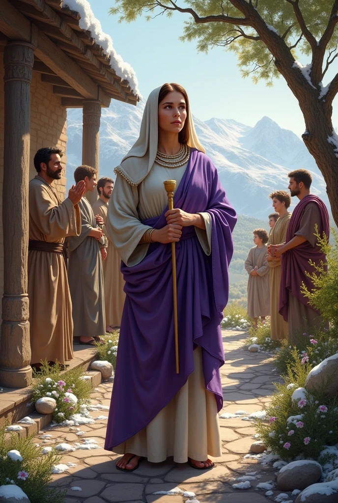 An exemplary woman, with a dignified and confident posture, surrounded by an atmosphere of serenity and respect. it is centered in the scene, dressed in fine linen and purple, symbolizing their strength and dignity. His hands hold a spindle, representing your hard work, and around her, there is a bright lamp that never goes out, highlighting his vigilance and dedication to his family.

Ao fundo, we see a well organized house, where her children rise up to praise her. the husband, sitting among the city authorities, is shown looking at her with pride. On the right, the field she bought and planted a vineyard in stretches, demonstrating your wisdom and business skills.

People in need are close by, receiving help from the exemplary woman, who extends his hands to them with kindness. The expressions of gratitude on the faces of the poor highlight their generosity. The scenery also includes snowy landscapes, where all members of your family are dressed appropriately, indicating its careful preparation.

The scene is surrounded by an aura of calm and tranquility, symbolizing the peace she brings to her family and community. The surrounding natural environment, With shady trees and flowers, reinforces the feeling of abundant life and prosperity.