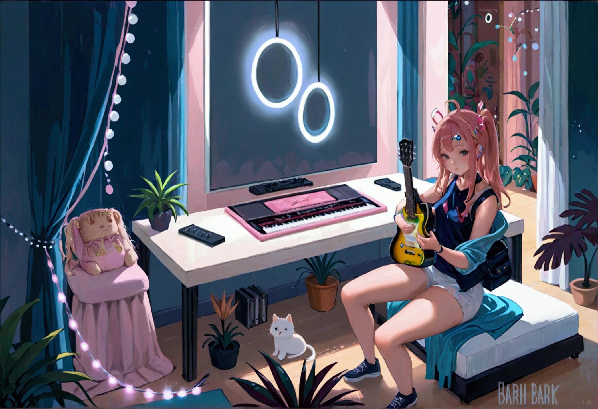 Playing a guitar in hand
