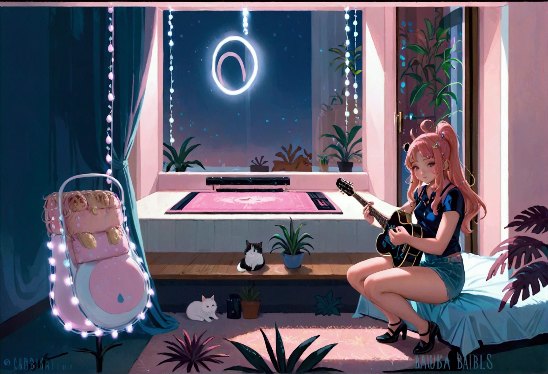 Playing a guitar in hand