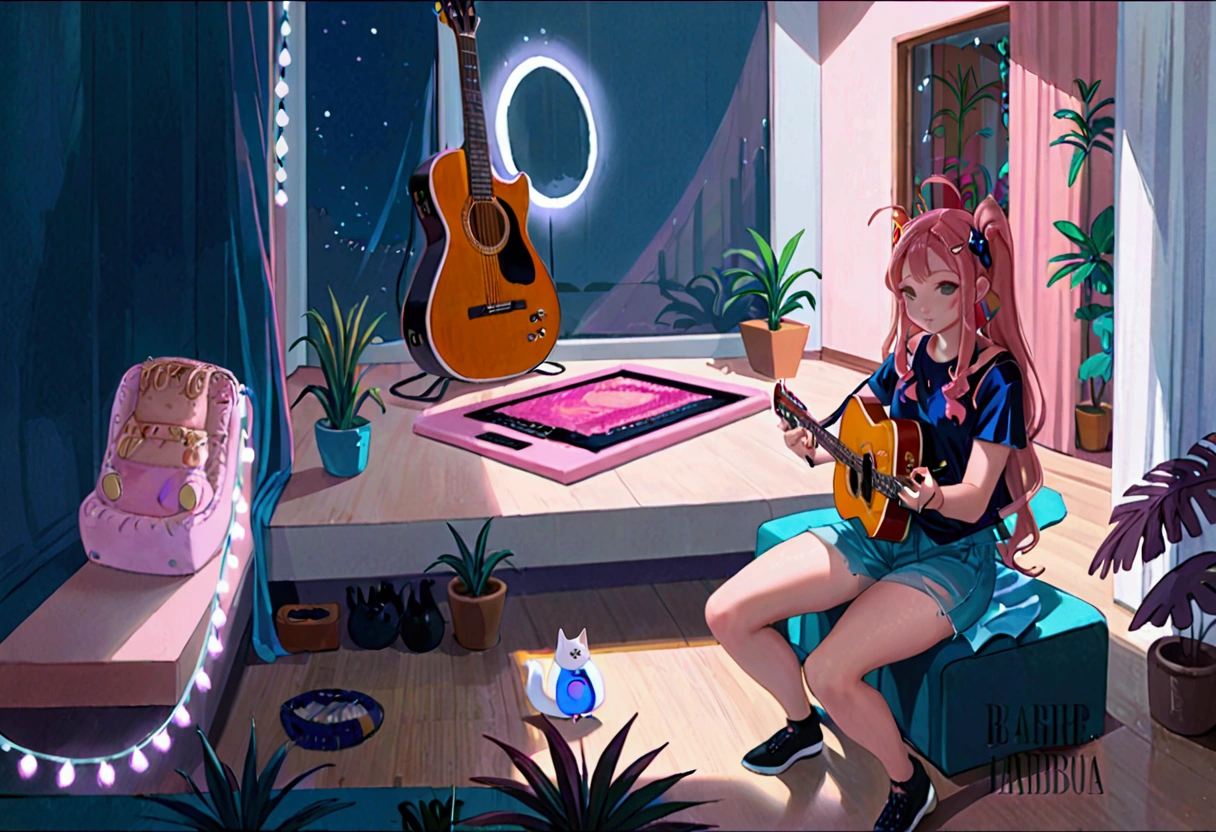 Playing a guitar in hand