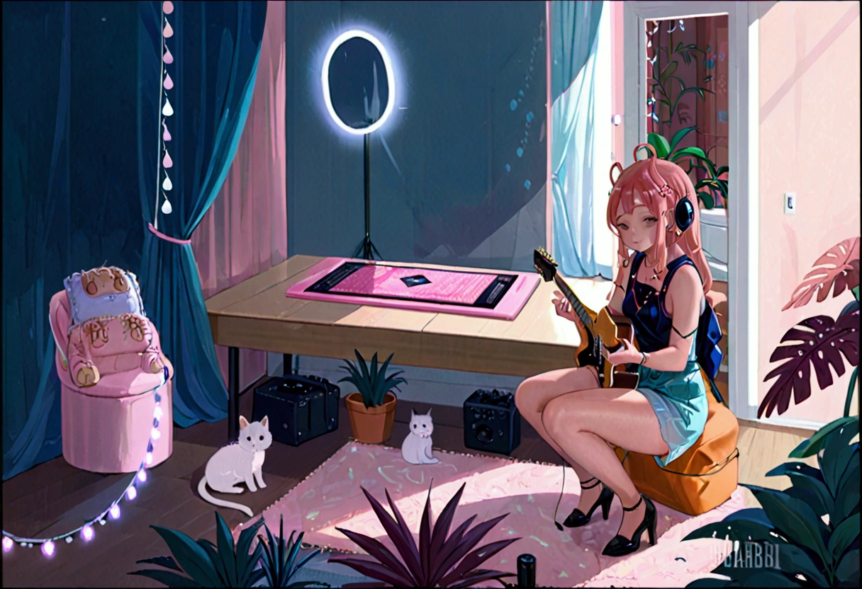 Playing a guitar in hand