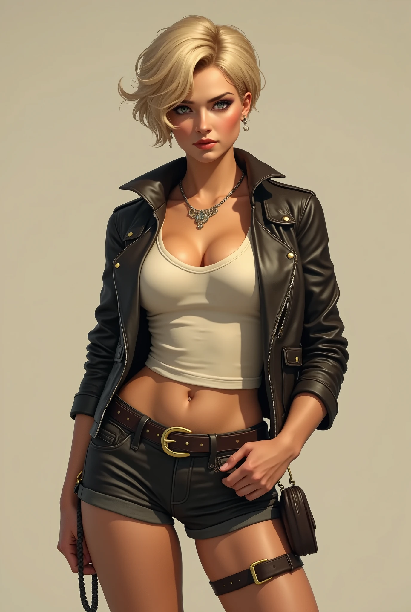 1920s tomboy adventurer, tank top, hotpants, leather jacket, short blonde hair styled in a tousled bob, confident determined expression, pinup, full body shot, standing, sexy, cleavage, athletic woman