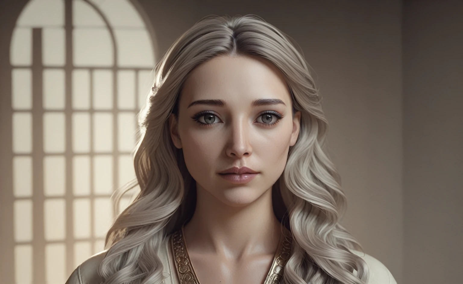 A poor woman, beautifully dressed, in ancient times, 3D, realistic anime character, extremely detailed face and eyes, long flowing hair, intricate details, photorealistic, cinematic lighting, muted color palette, dramatic shadows, high quality, masterpiece, working on a loom,face and eyes on right side.
