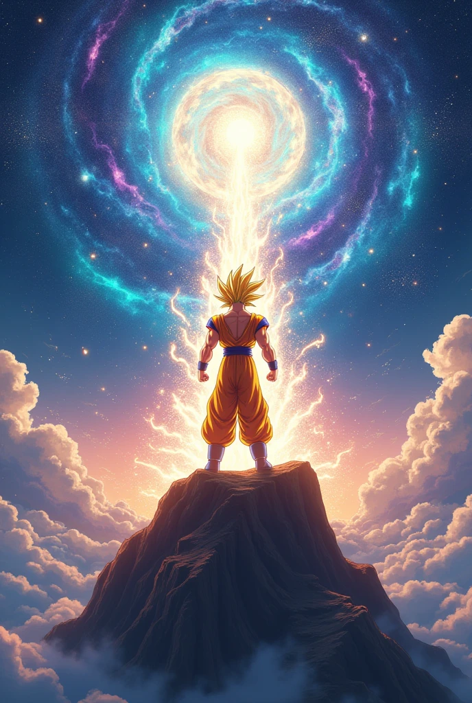 Create an eye-catching anime scene featuring Goku standing triumphantly atop a floating mountain peak, with a breathtaking cosmic backdrop filled with swirling galaxies and nebulae. Goku should be in his iconic Super Saiyan form, with golden hair and a radiant aura that contrasts sharply against the deep blues and purples of the universe. His pose should be powerful and dynamic, with energy crackling around him, emphasizing his immense strength and determination. Add a dramatic caption like “Goku’s Cosmic Ascension: The Universe Shines With His Power” at the bottom in bold, glowing text that complements the vibrant colors and epic scale of the scene.