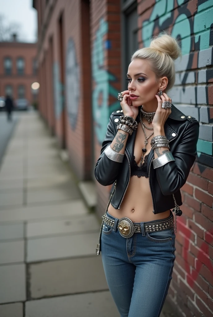 russian old milf woman, blonde hair (top bun), with very light blue eyes, extremely pale. Wearing studded cropped black moto jacket (with lots of side zippers and pins), black and white lace push up bra , dark skinny blue jeans and pointy silver Chelsea boots with cuban heels . Lots of thick wide studded bracelets, chain collars and big rings. Tacky wide studded leather belt with big skull and bones round buckle. Long earrings with feathers. Standing up, humble facial expression. Hands touching her neck in a shy way, showing off bracelets and rings. Chains around belt.. Listening in amazement to somebody speaking to her, toned six pack abdominals, thin neck, slim legs and thin arms. Narrow hips. Pierced belly button Tattoed heavily. Graffitied brick wallin Bronx