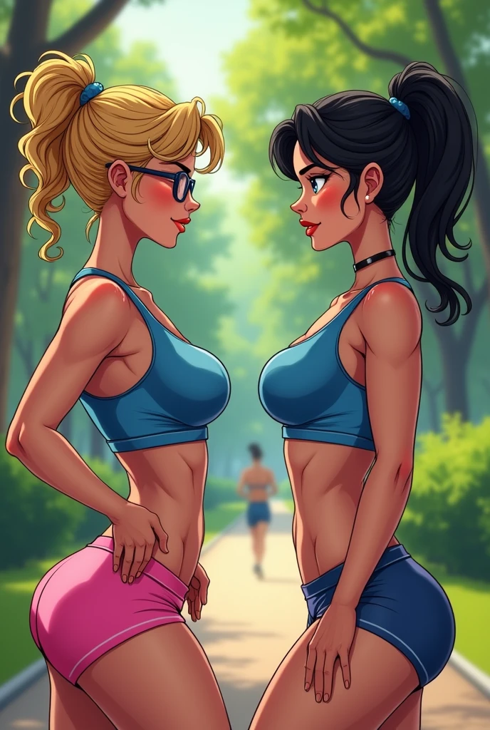 A blonde woman with curly hair tied back and glasses, culona, big boobs, blue tank top, Pink tight sports mini shorts tired resting with doubtful expression jogging in a park with her black-haired friend white skin in blue sportswear with big butt and toned abdomen and mega busty E cup breasts,
With a pleading expression, both talking and sweating in comic book format