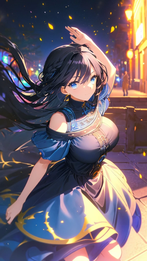 best quality, extremely detailed,anime style 1girl,long hair down to the waist, straight hair, ((((dark black hair with bluish)))),((crown braid)),beautiful detailed eyes, pinched eyes, (((dark blue eyes))),((huge breasts)),curvy,((((light color Summer casual dress)))),Fine decoration,clothing with complex patterns,((((night street)))),((Detailed background)),((Comfortable posture)),((light smile)),