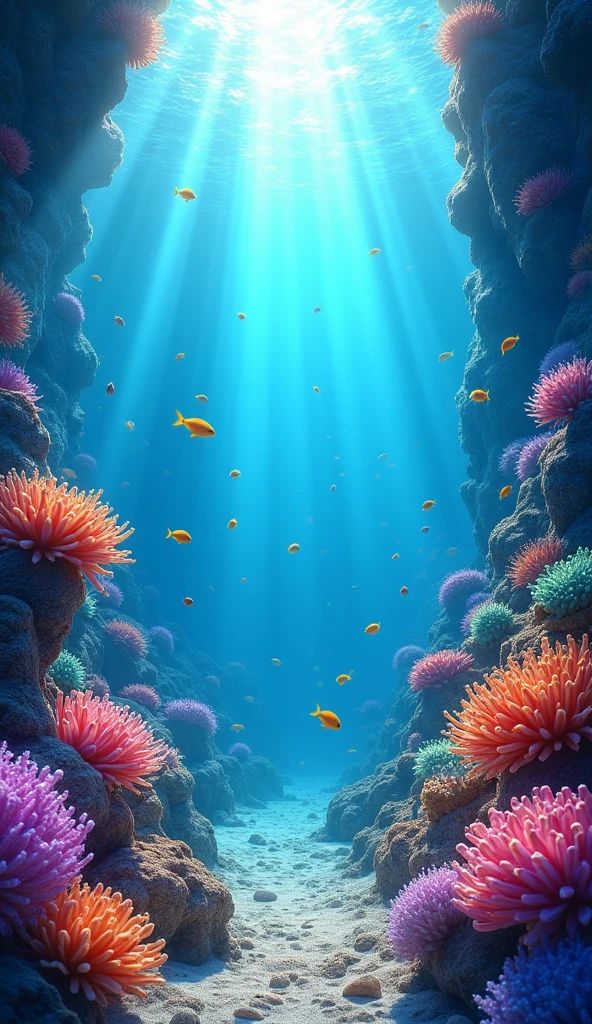 (masterpiece, best quality), underwater. The underwater environment is brightly lit , creating shimmering light patterns. The background features colorful coral, small fish, and bubbles 