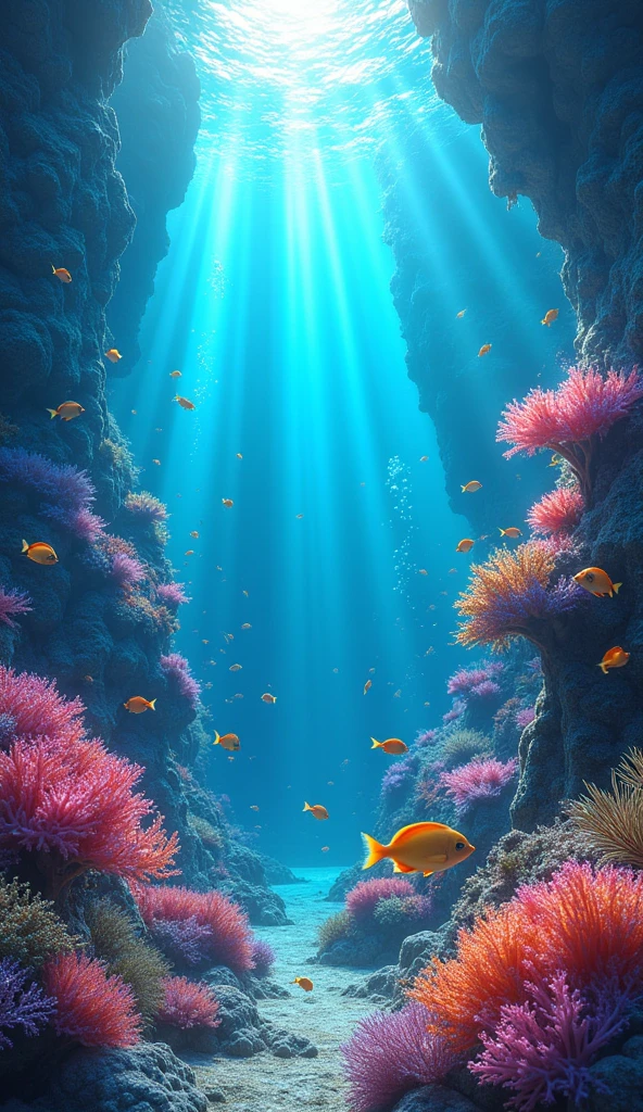 (masterpiece, best quality), underwater. The underwater environment is brightly lit , creating shimmering light patterns. The background features colorful coral, small fish, and bubbles 