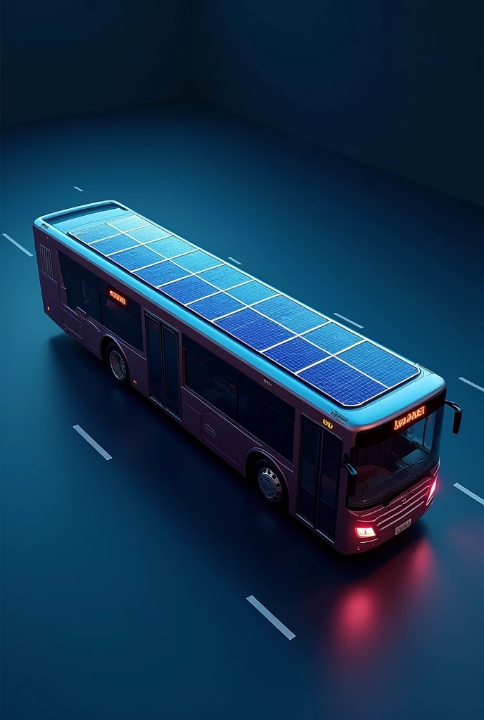 Generate an image of a 16-meter bus with solar panels on the roof, on a dark blue background and a diagonal top-down view of the image