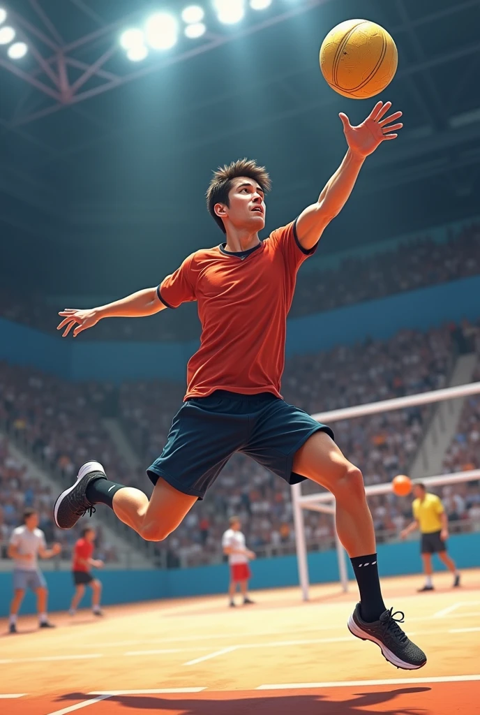 A person playing handball doing an overhead pass