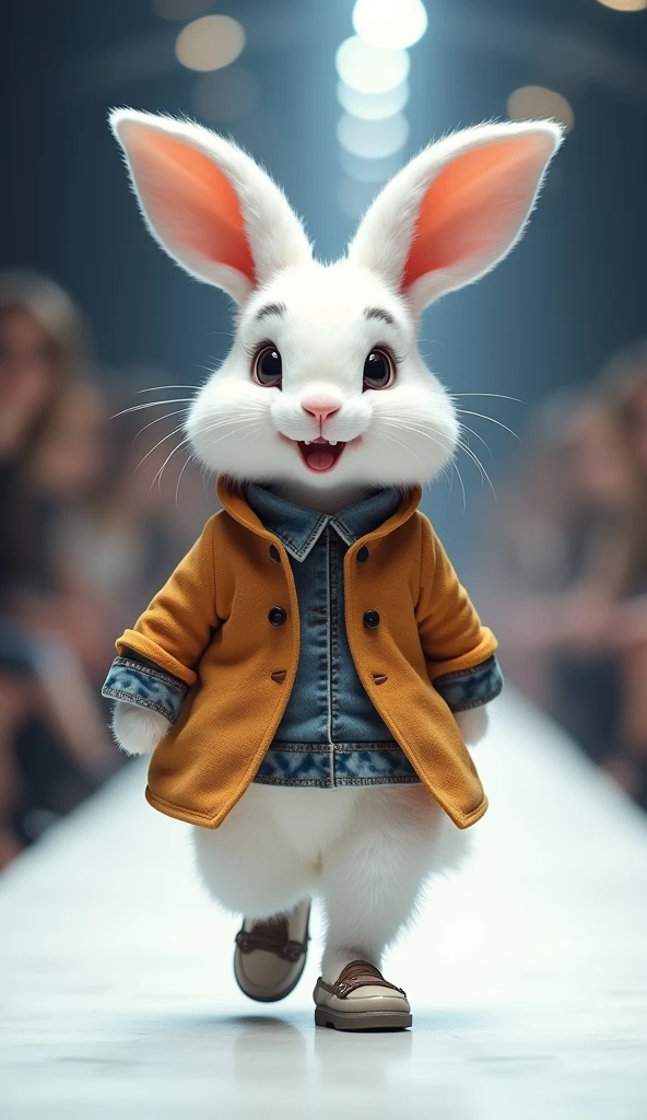 A cute little white rabbit,Smiling,Very confident wearing fashionable style showing on the catwalk,The background is the catwalk. HD camera captures scene images.