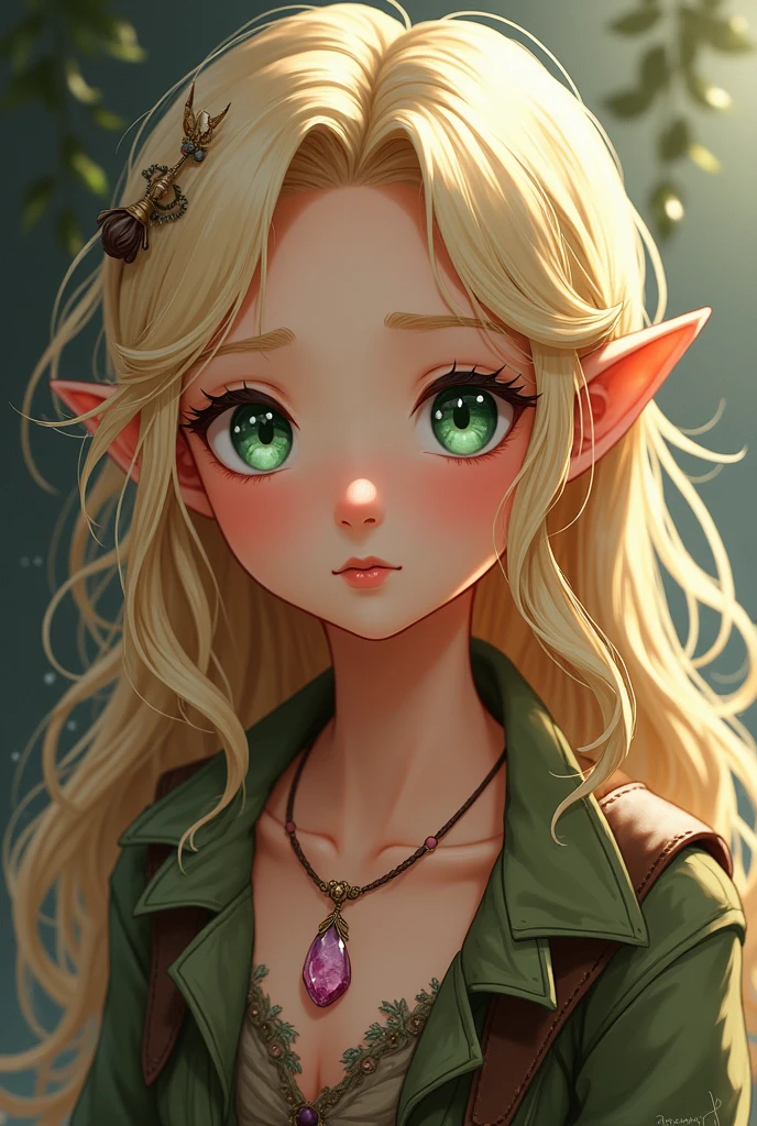elf anime, with long wavy blonde hair with green eyes and a small side braid, with old and dirty clothes, with a rose quartz necklace