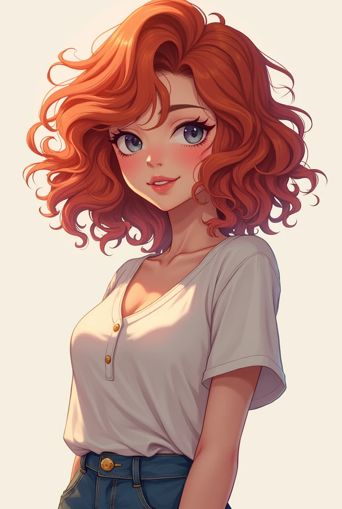 an anime one, curly hair and no bra but with a shirt on top