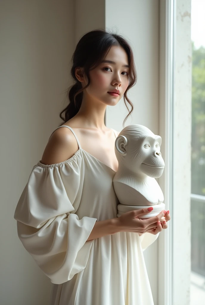Lady sculptor
holding Monkey bust
with white sexy dress