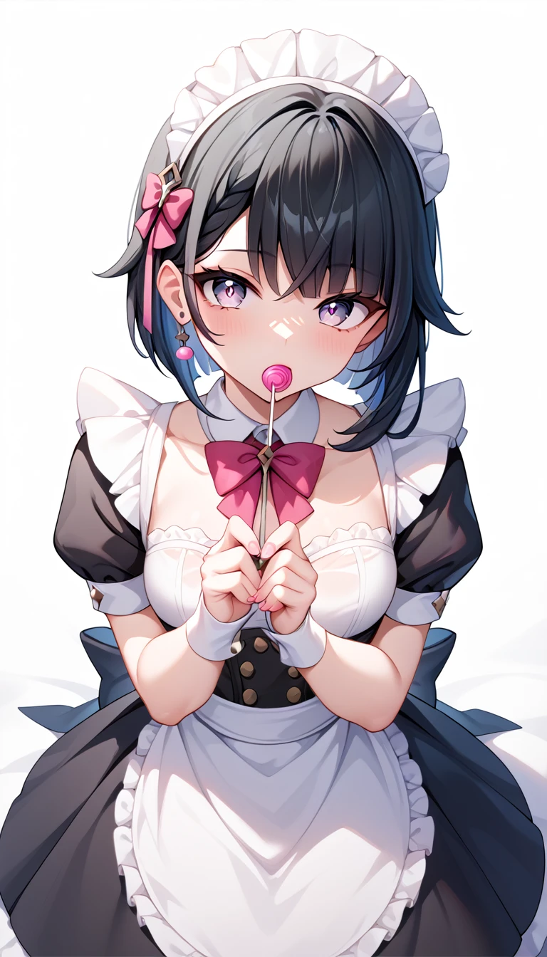 Draw Genshin Style, Adult girl, maid outfit, Black hair is long with pink tips,black bangs, perfect hands, lollipop in mouth,perfect lollipop, Lollipop in the mouth,lollipop must be small