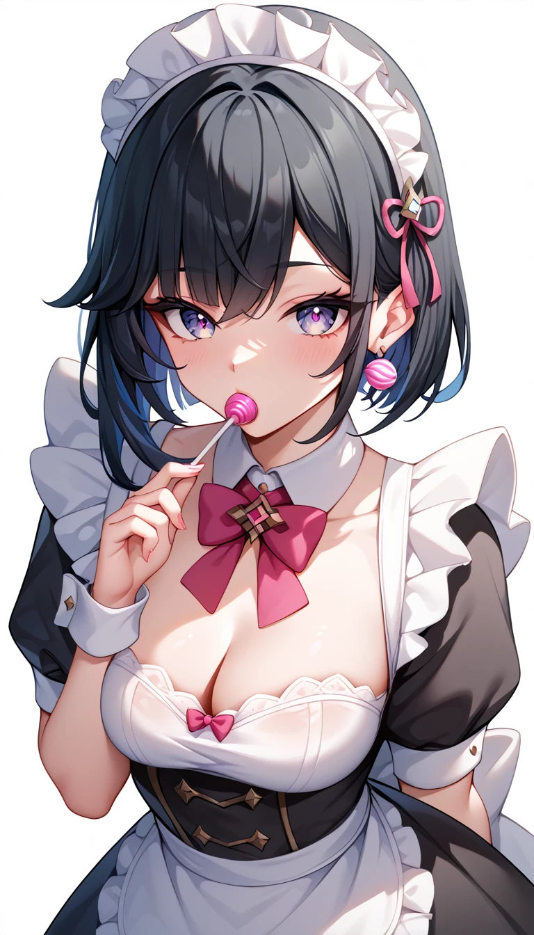 Draw Genshin Style, Adult girl, maid outfit, Black hair is long with pink tips,black bangs, perfect hands, lollipop in mouth,perfect lollipop, Lollipop in the mouth,lollipop must be small