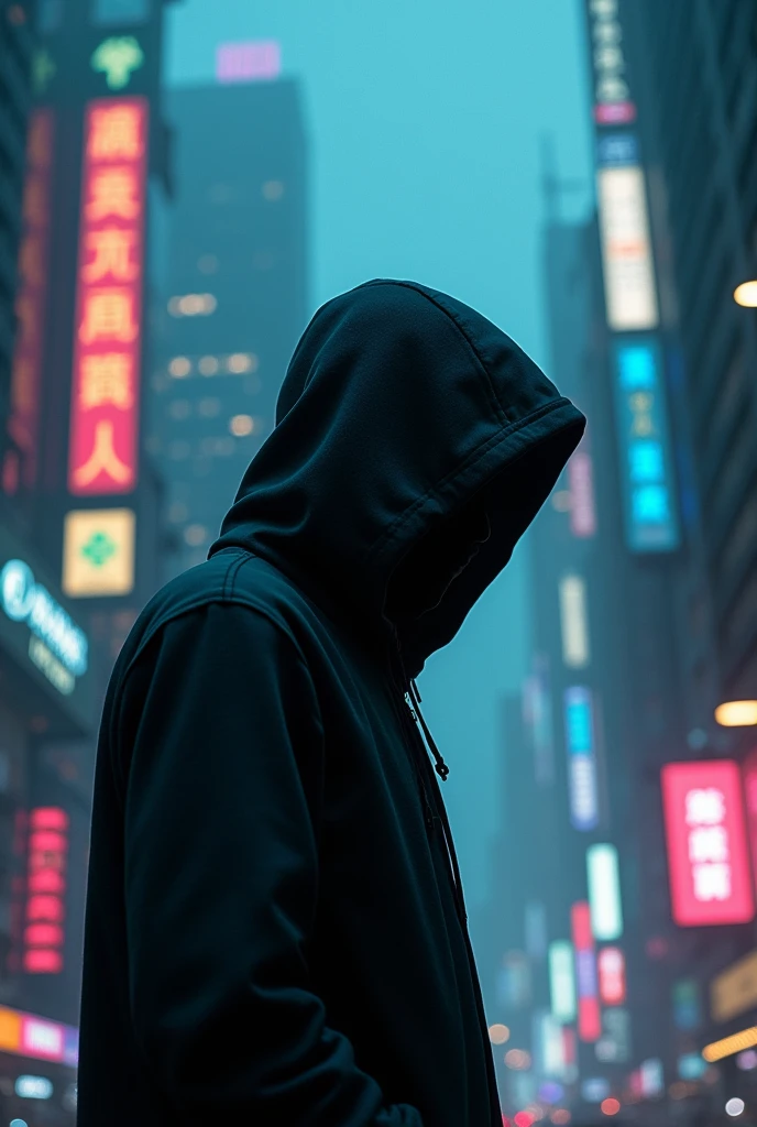 A man in a black hoodie dark face cyberpunk style 