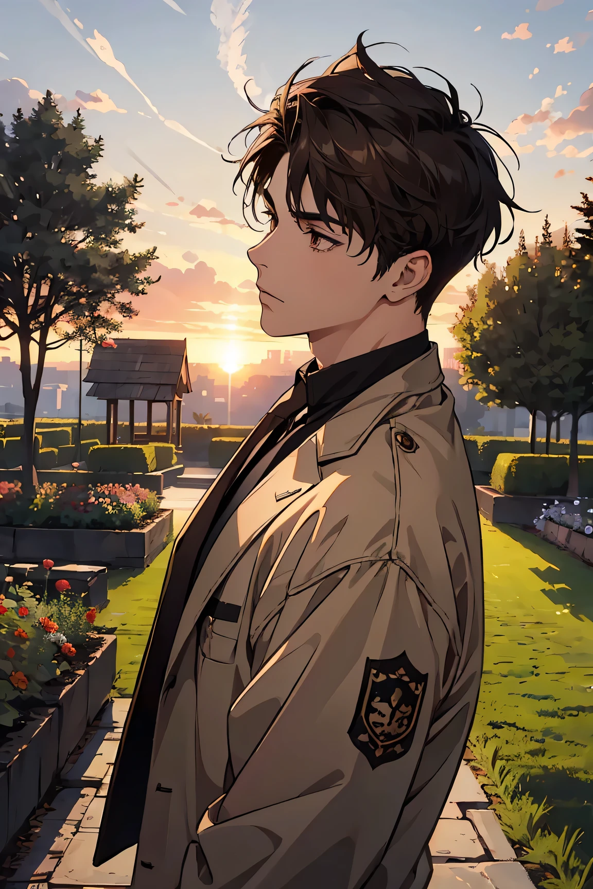 Masterpiece, best quality, 1boy english,Billy, 20 years old, very short hair, dark brown hair, brown eyes, v taper body,male focus, rough, standing, g, wearing a skull black BREAK ((close shot:1.1)), ((frontal view:1.2)), ((sunset, garden scenery) )