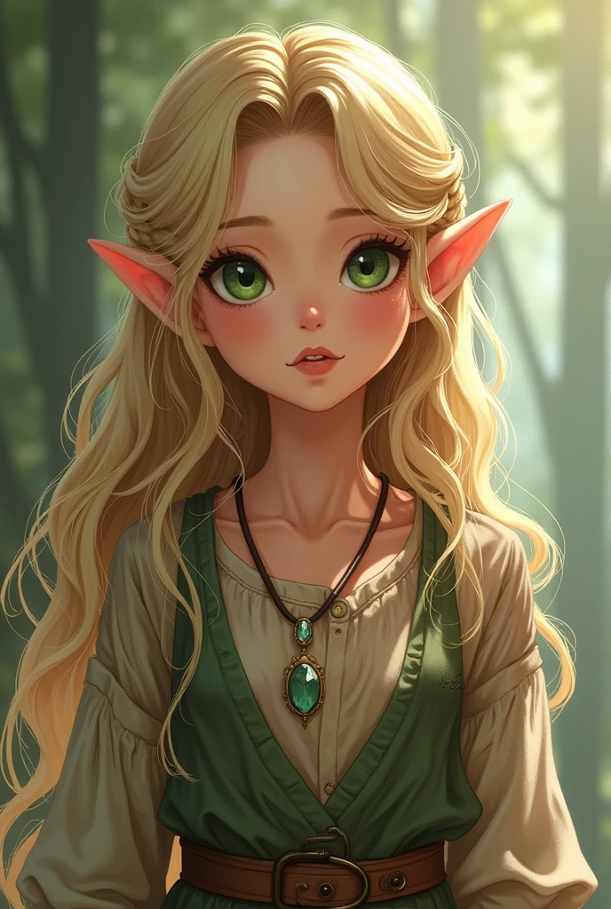 elf anime, with long wavy blonde hair with green eyes and a small side braid, with old and dirty clothes, with a rose quartz necklace