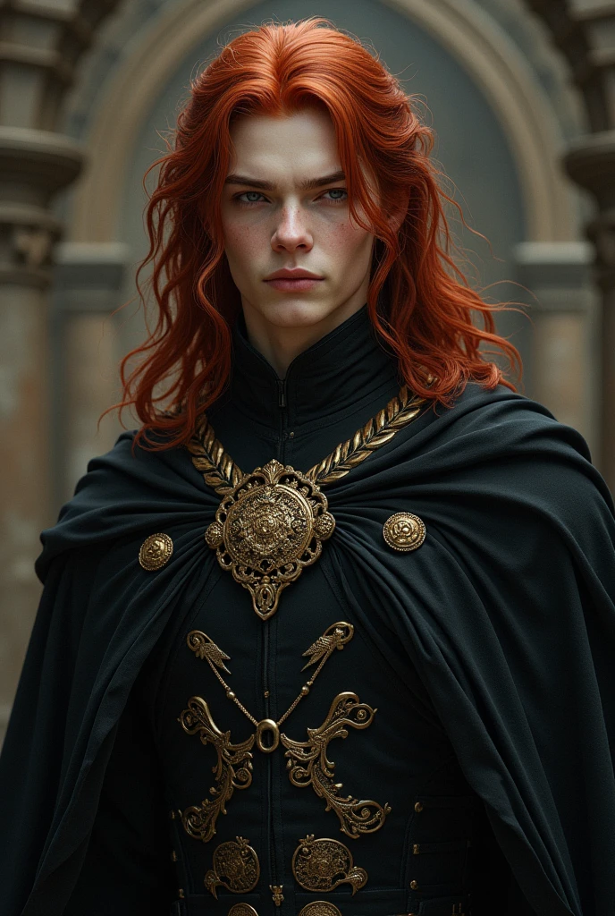a young man in his twenties, he is from fantasy world, he is king of dark , he is tall and skinny but very athletic, he has middle leanght very very very dark red hair and deep jet black eyes, he’s race is white, he is handsome, very beautiful, baby face, breathtaking beautiful he is real king amazing and brave, strong