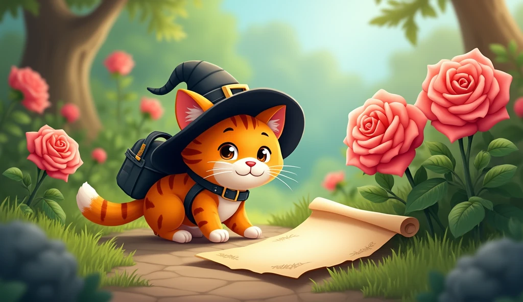 imagine /a wishker orange cat with black hat and back pack clue led him to a cluster of roses in the garden find a   riddle carved on a papaer  for kids cartoon  generate