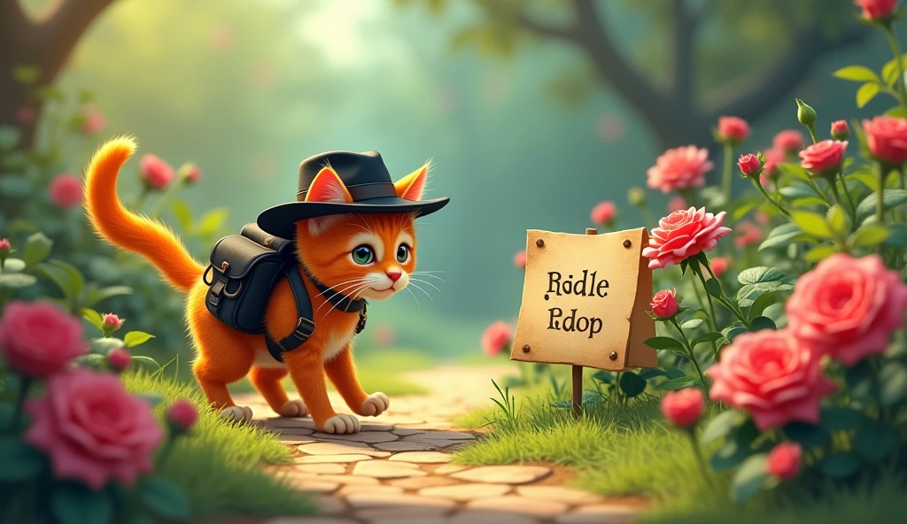 imagine /a wishker orange cat with black hat and back pack clue led him to a cluster of roses in the garden find a riddle carved on a papaer for kids cartoon generate