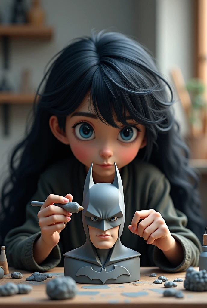 ((BOY WITH LONG BLACK HAIR, blue colored eyes, SCULPTING A BATMAN BUST, WITH STAKES IN HAND, sculptor))