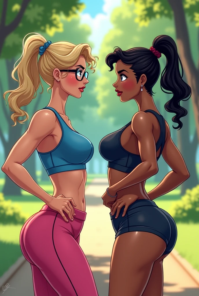 A blonde woman with curly hair tied back and glasses, culona, big boobs, blue tank top, Pink tight sports mini shorts tired resting with doubtful expression jogging in a park with her black-haired friend white skin in blue sportswear with big butt and toned abdomen and mega busty E cup breasts, 
With a pleading expression, both of them talking, sweating, in a comic book format with blank dialogue panels.
