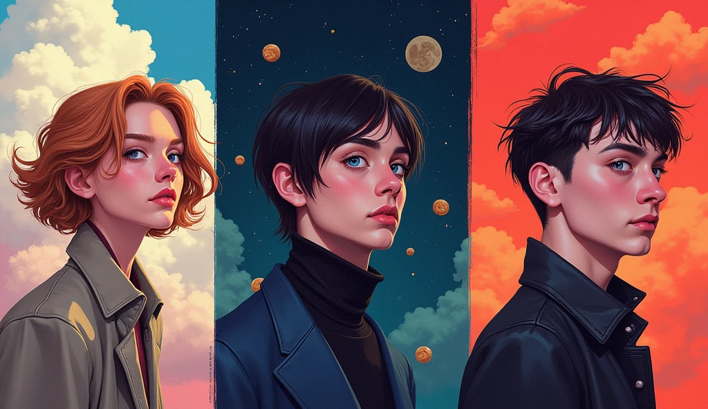 There is an artist called Young Gersky, but it is divided into 3 "yo" o Young/Youngh, o Gersky e o G, o Young/Youngh escreve sobre sentimentos, Gersky writes in a rebellious and egocentric way, and G is the balance between the 3 he writes about everything, I want you to create an image divided into 3 parts, each one representing one of the people, on the left for Young, the middle one for the gersky and the right one for the G, use different colors and styles for each part, to reflect the personality of each letter