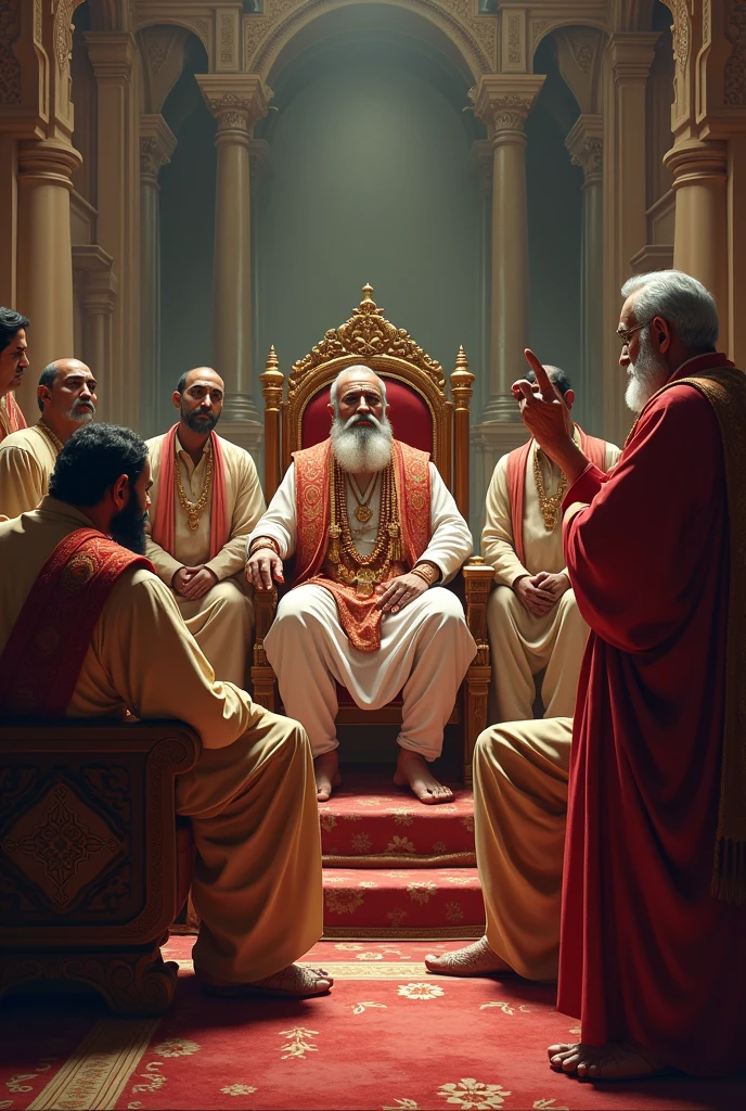 Indian middle aged Maharaja and other indian middle aged mantris sitting in a Senate. Indian aged priest standing infront him. The priest challenging the king pointing finger.