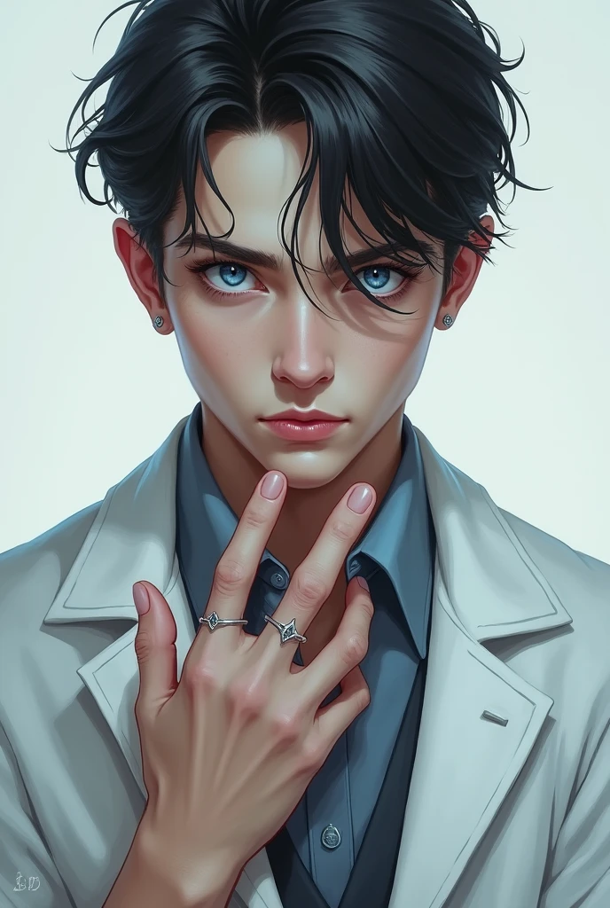 A handsome boy with veiny hands, white coat,blue eyes
