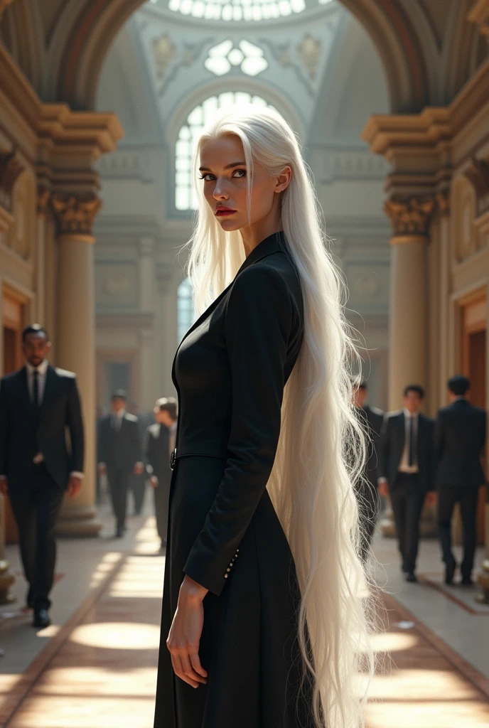 Tall beautiful woman with white hair in a school