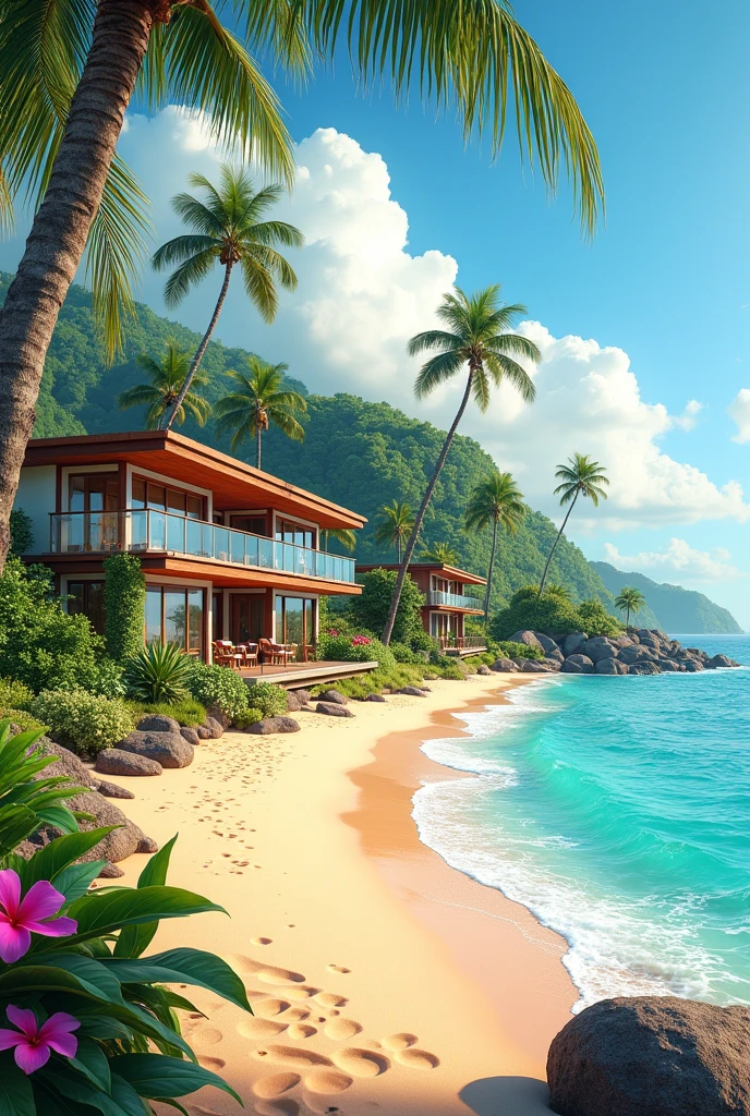 Hawaiian style beach with chic hostels on the waterfront and green space with woods and forest on the other side. 
Paisagem linda