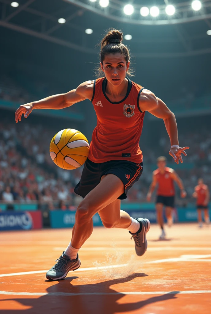 A person playing handball making a lateral pass