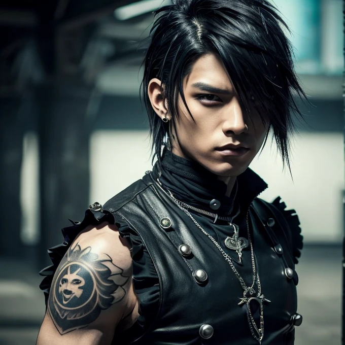 1 man, male, Japanese man, Visual Kai hairstyle, ultra detailed face and body, hyperrealistic, realistic representation, muscular, broad shoulders, tattoos gothic style, piercings, Visual Kei style, hairstyle Visual Kei, blond, long hair, 40 years old, age 40, outfit gothic streampunk, men's shirt and black pants, Asian eyes, eyes Asian, Visual Kei hairstyle