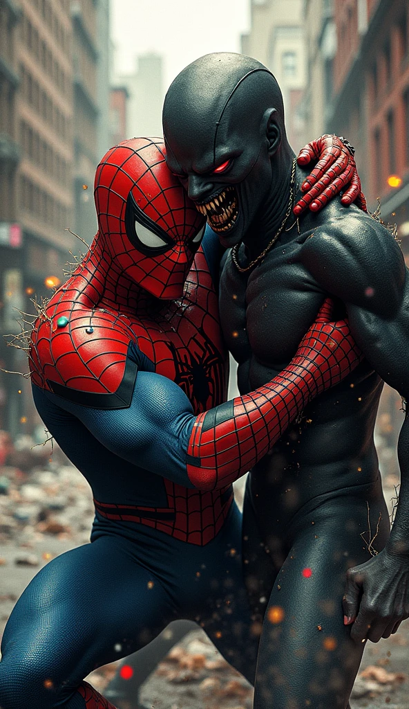 Spider-Man fights with every fiber of his being, trying to maintain control as the creature feeds his darkest doubts and fears. The villain, the enigmatic Mimic, absorbs and amplifies Peter's inner chaos, turning him into a devastating force. In the midst of the confrontation, Peter realizes that in order to defeat this threat, he will have to face the truth he fears most: the darkness within him. Retro comic style artwork, perfect composition,hyperrealistic,super detailed,high quality,sharp focus,studio photo,intricate details,highly detailed