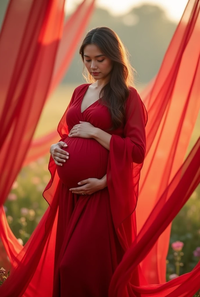 gestante, 8 months, red flowing fabric
