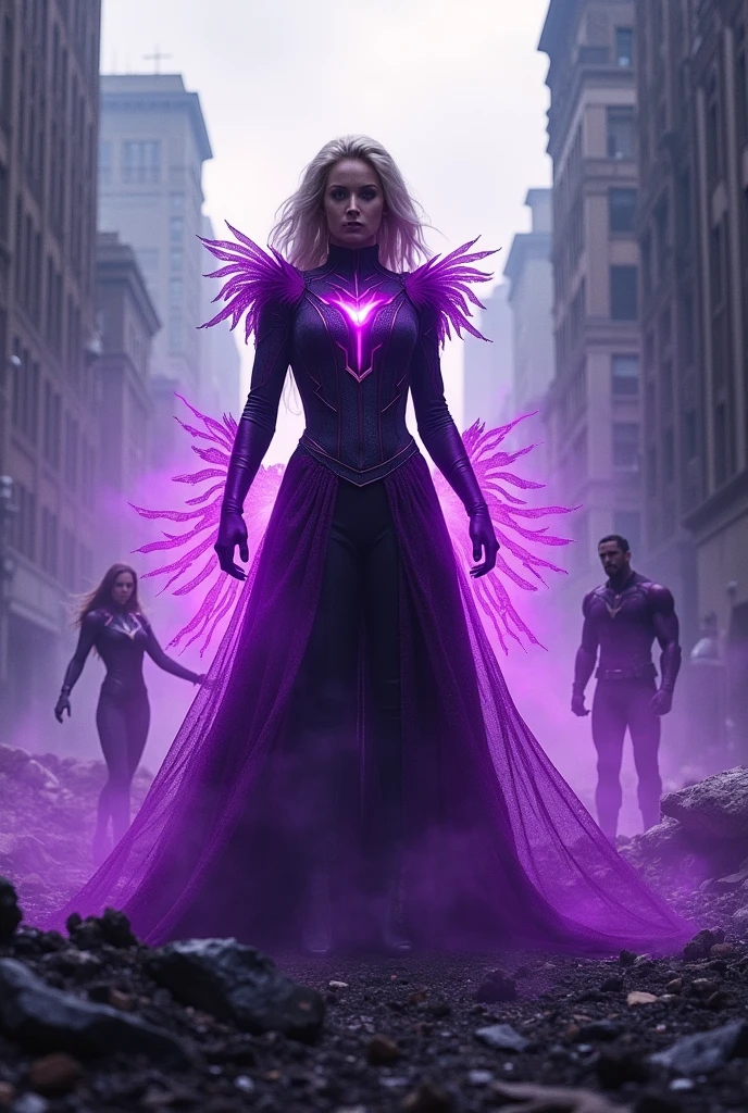 (女優: Dove Cameron), (wearing kpop stage outfit), tall quality, (purple powers similar to Dark Phoenix), (Scenery of a destroyed city), (silhouette of the Avengers behind), (big title: Powerful)