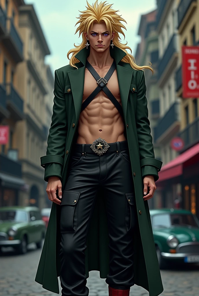 Generates an image of a French man with an annoyed and serious expression, tall with purple eyes, purple star earrings, Long fluffy blonde hair with a hairstyle similar to Johnny Joestar's but more noticeable and bigger. A long dark green jacket not buttoned, shirtless but with two black belts forming an X on his chest, a black cargo pants and dark red shoes, a black and white belt with a star in the middle. jojo's style.