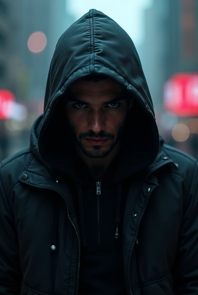 A man in a black hoodie with a dark face and cyberpunk style looking forward 