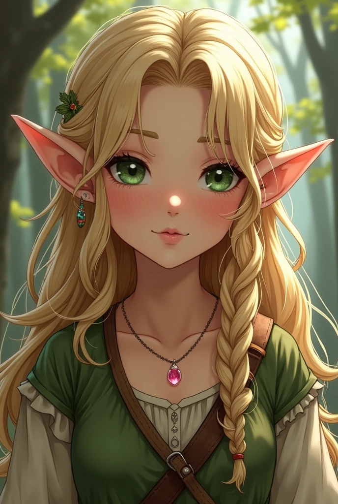elf anime, with long wavy blonde hair with green eyes and a small side braid, with old and dirty clothes, with a rose quartz necklace