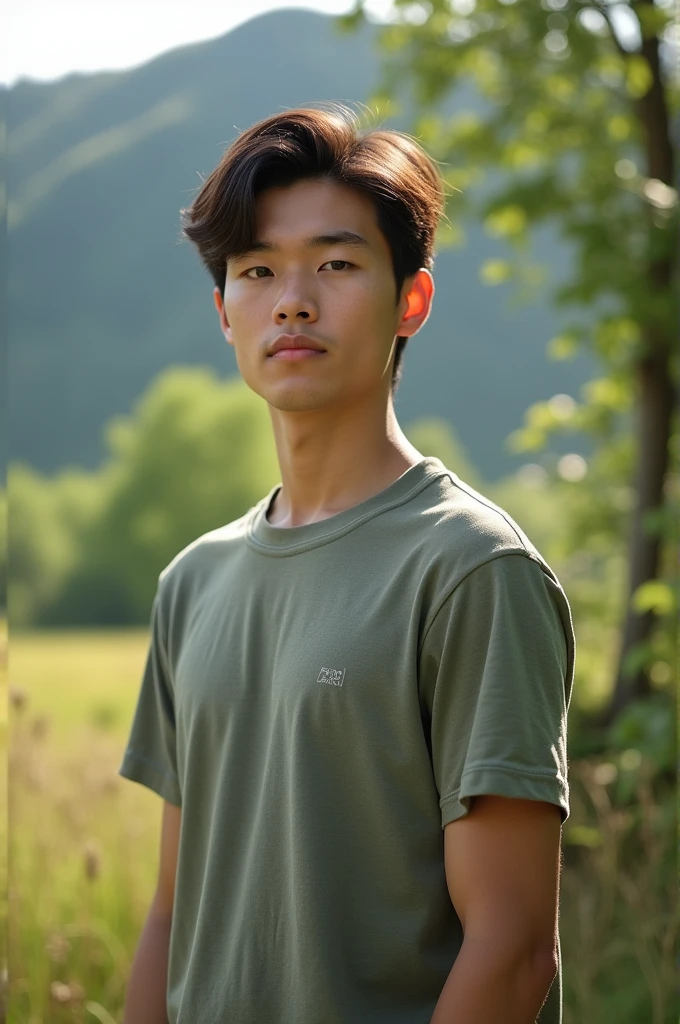 Generates an image of a young American man with neutral facial expression and closed mouth in the countryside, The person should be standing straight, facing the camera and your upper body should be visible, The lighting must be balanced without shadows or overexposed areas.