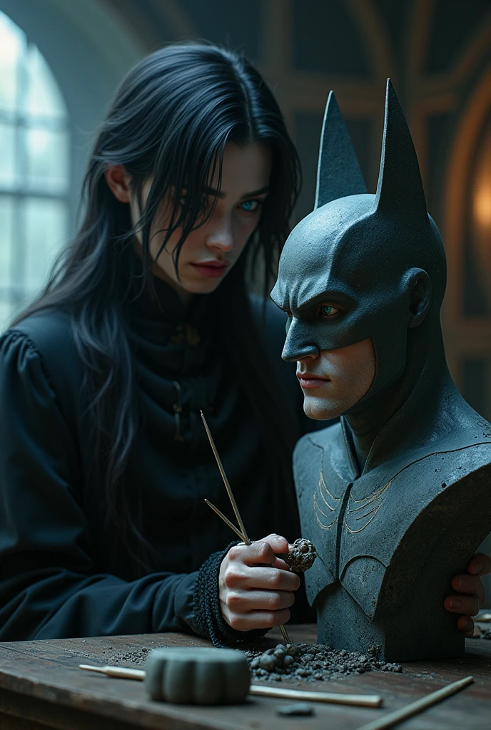 ((VICTORIAN GOTHIC BOY,  LONG BLACK HAIR,  blue colored eyes, SCULPTING A BATMAN BUST, WITH STAKES IN HAND, sculptor))