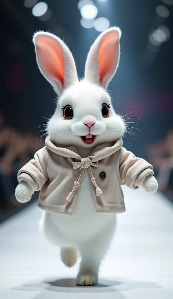 A cute little white rabbit,Smiling,Very confident wearing fashionable style showing on the catwalk,The background is the catwalk. HD camera captures scene images.