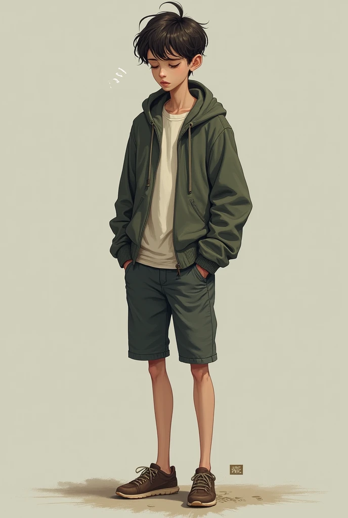 Kid around 16,without a beard,sleepy look,long legs,90kg,170cm height,looks like SID