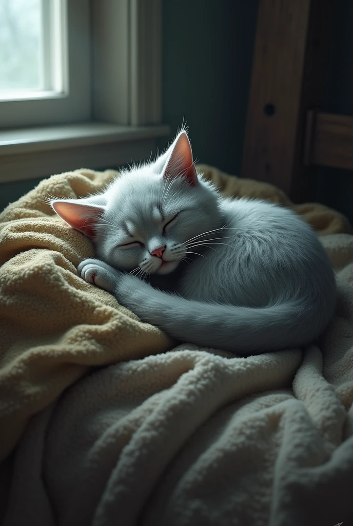 A small, elderly humanoid cat with gray fur and white whiskers, curled up on a tattered, well-loved blanket. The room is softly illuminated by moonlight streaming through a window, casting gentle shadows. The cat's eyes are half-closed, showing her age and weariness.