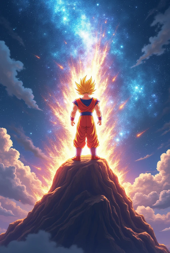 Create an eye-catching anime scene featuring Goku standing triumphantly atop a floating mountain peak, with a breathtaking cosmic backdrop filled with swirling galaxies and nebulae. Goku should be in his iconic Super Saiyan form, with golden hair and a radiant aura that contrasts sharply against the deep blues and purples of the universe. His pose should be powerful and dynamic, with energy crackling around him, emphasizing his immense strength and determination. Add a dramatic caption like “Goku’s Cosmic Ascension: The Universe Shines With His Power” at the bottom in bold, glowing text that complements the vibrant colors and epic scale of the scene.